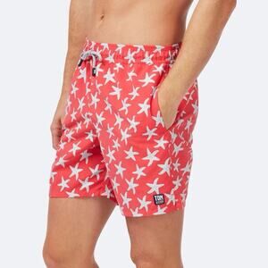 NWT Tom and Teddy Swim Trunks Rose And Blue Print Starfish Mesh Lined Red L